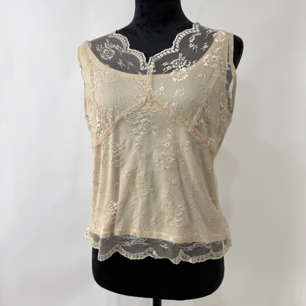 Vintage Petite Perceptions Lace‎ Overlay Tank Top Women 8P Beige Elegant